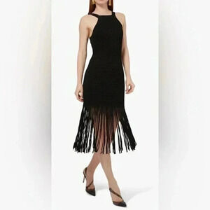 Sandro Black Fringe Hem Maxi Dress | Sleeveless High Neck 38